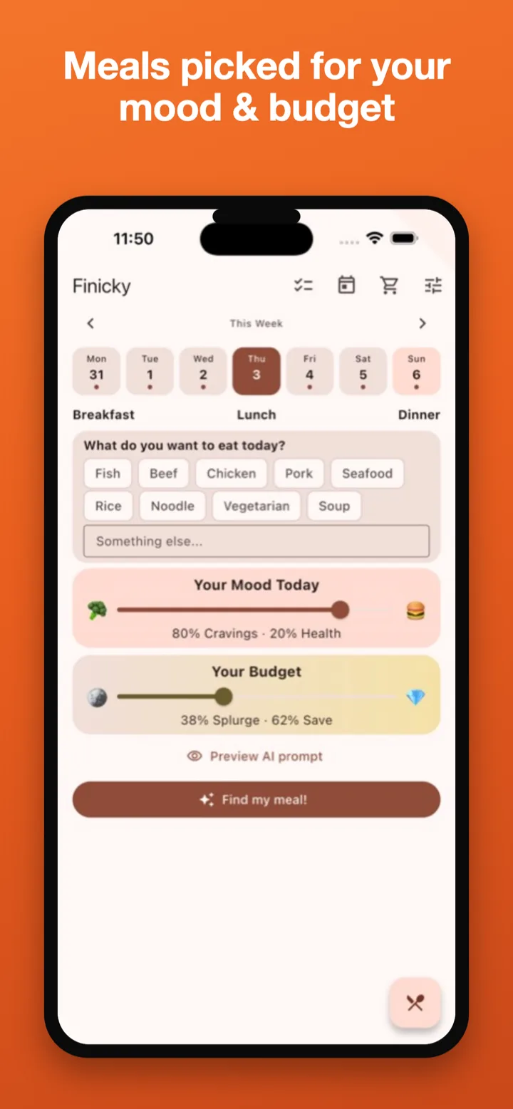 A app Finicky com os controlos de humor e orçamento e um botão para encontrar uma refeição