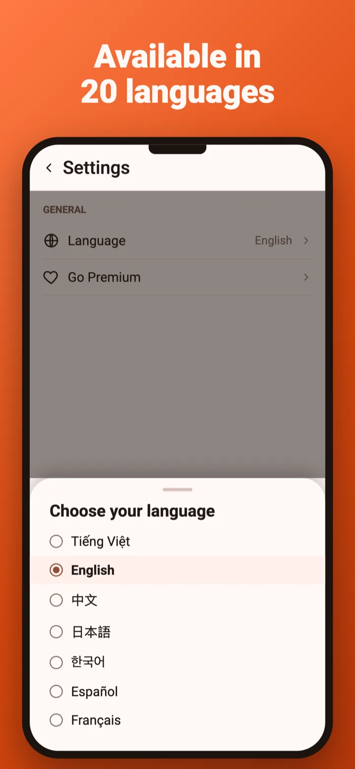 Language selection screen with 20 languages